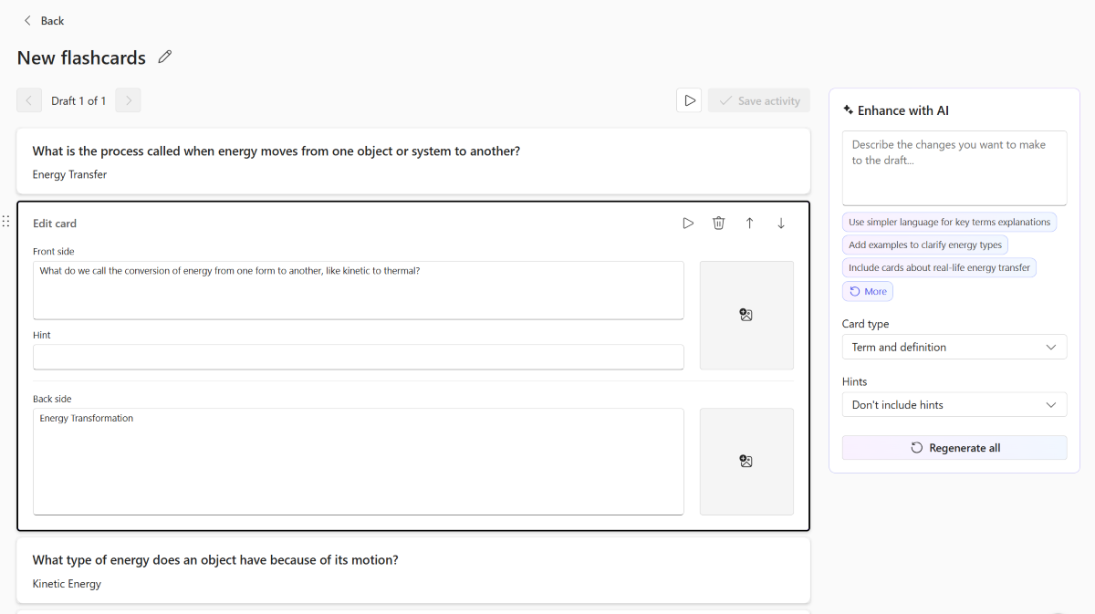Screenshot of the Enhance with AI option on flashcards created in the Teach app.