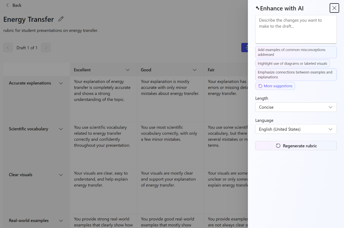 Screenshot of the Enhance with AI option on the rubrics page in Teach app.