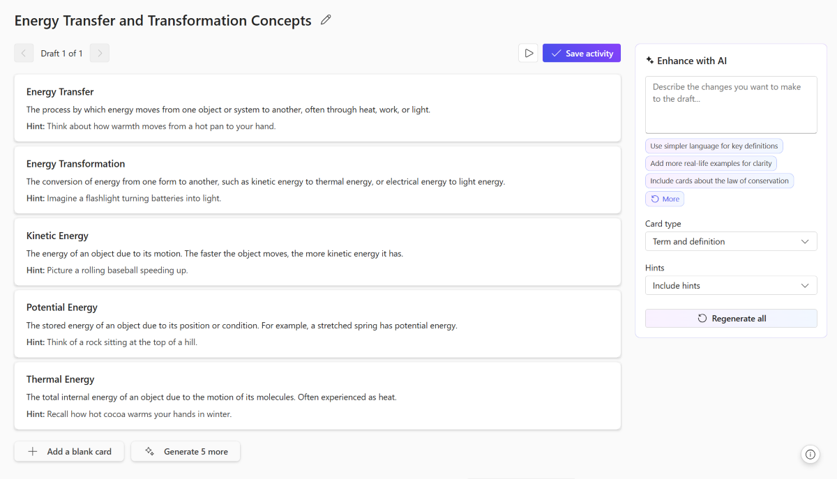 Screenshot of flashcards created in the Teach app.
