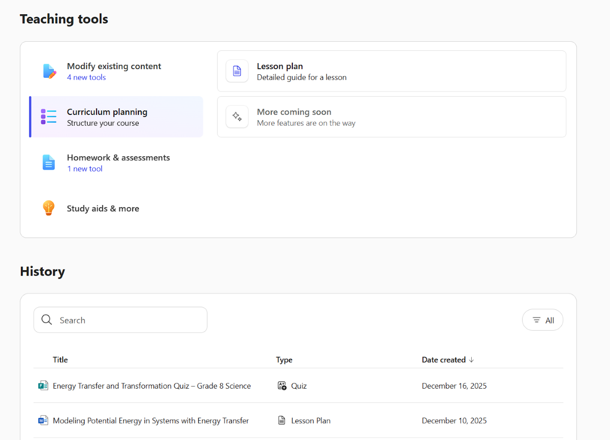 Screenshot of Microsoft 365 Copilot App Teaching Tools page.