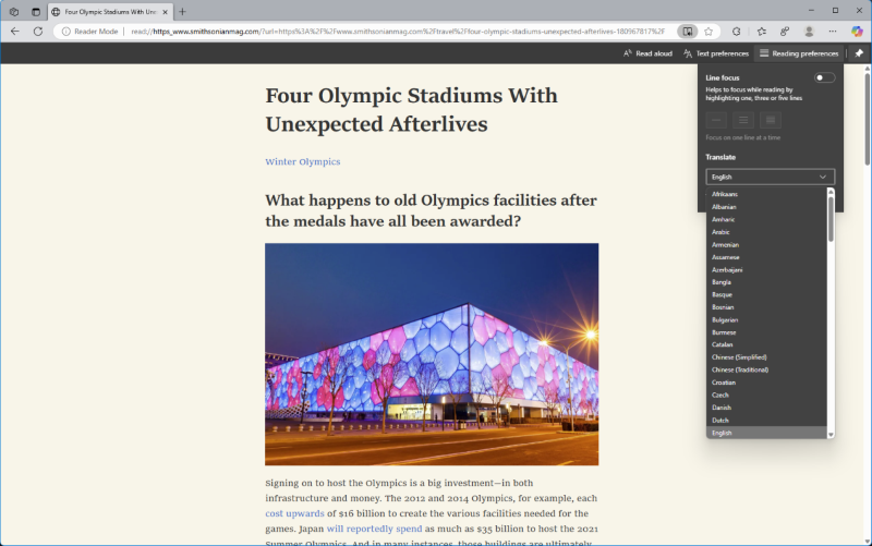Screenshot of an article from Smithsonian Magazine open in Microsoft Edge reading mode. The translation dropdown menu is open in the upper-right corner.