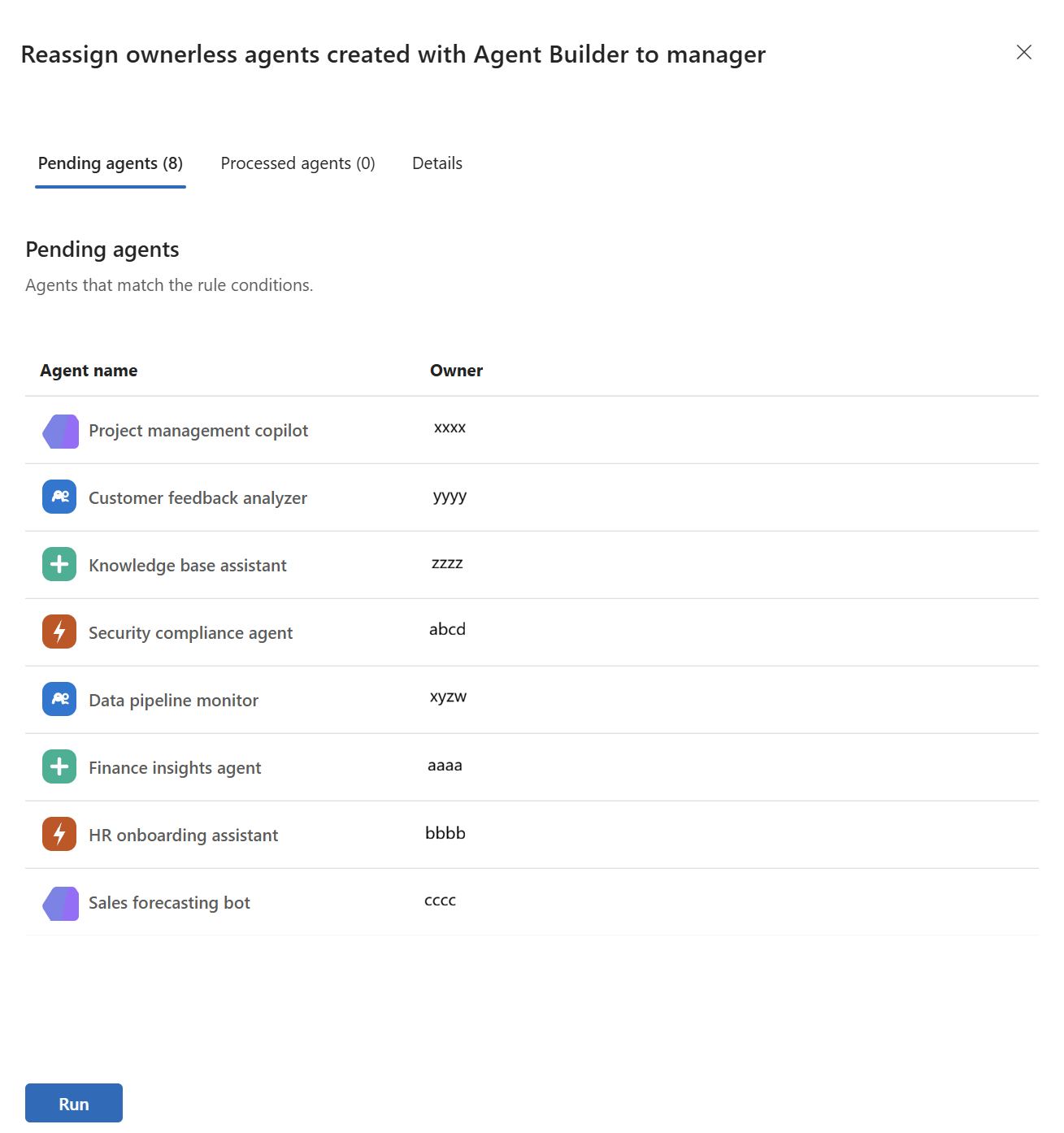 Screenshot of the pending agents tab of the rule.