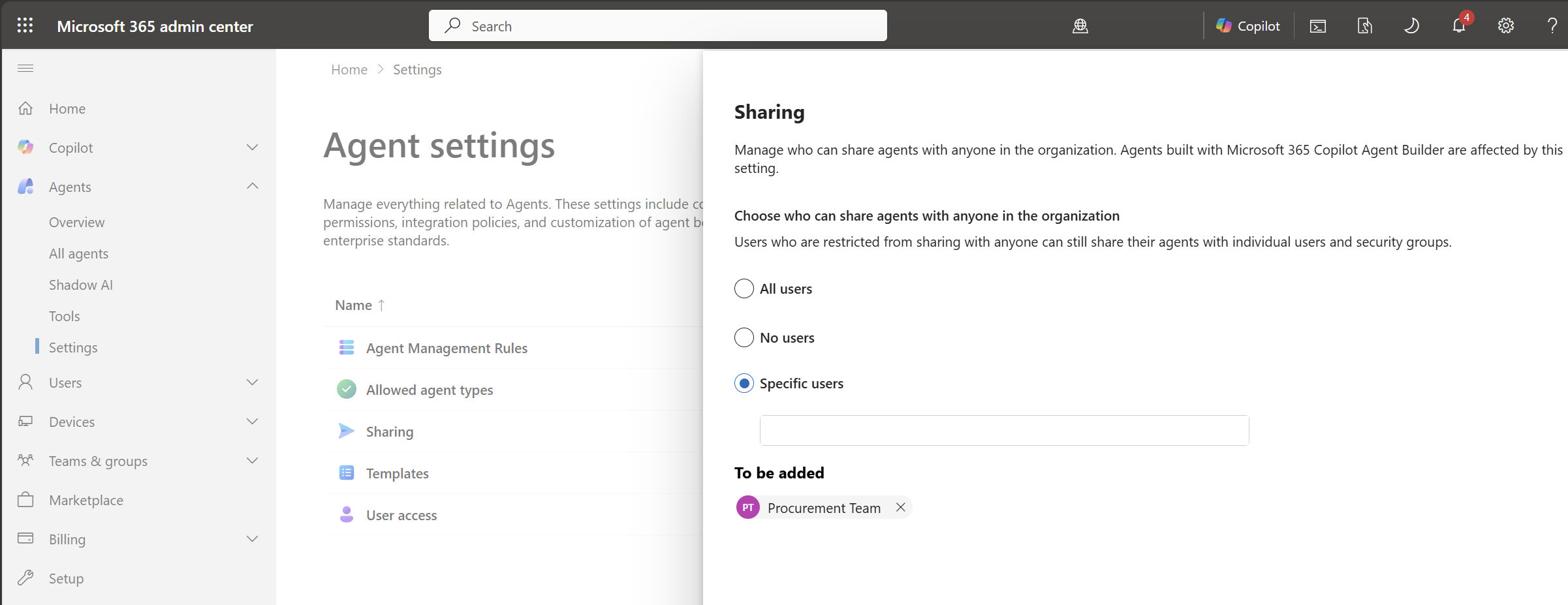 Screenshot of the Agent Sharing page with settings applied.