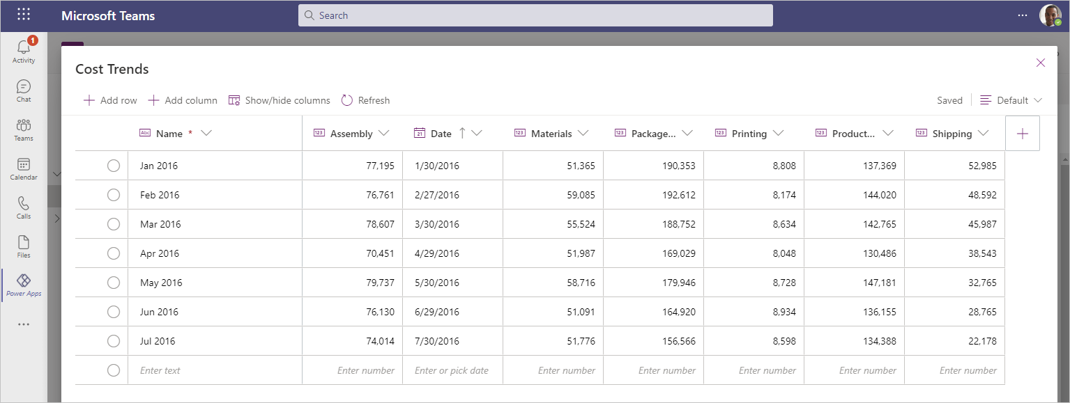 Screenshot of the Cost Trends dialog box with seven rows of data added.