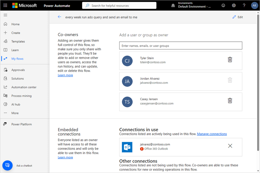 Screenshot of the Co-owners page showing the Remove owner from flow button (trash icon) next to each co-owner.