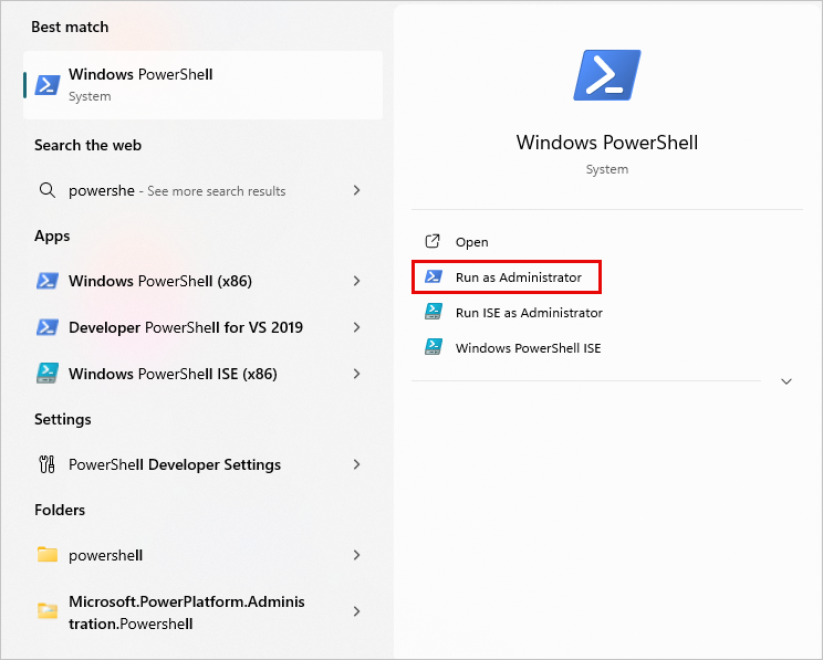 Screenshot of Windows PowerShell desktop app with Run as Administrator highlighted.