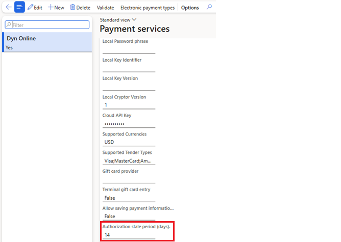 The payment services configuration menu that shows the Authorization stale period in days highlighted