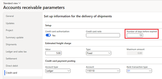 The accounts receivable parameters menu that shows the Number of days before expired highlighted