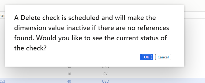 Screenshot of the popup window that appears when you try to delete a record that's used as a financial dimension value.