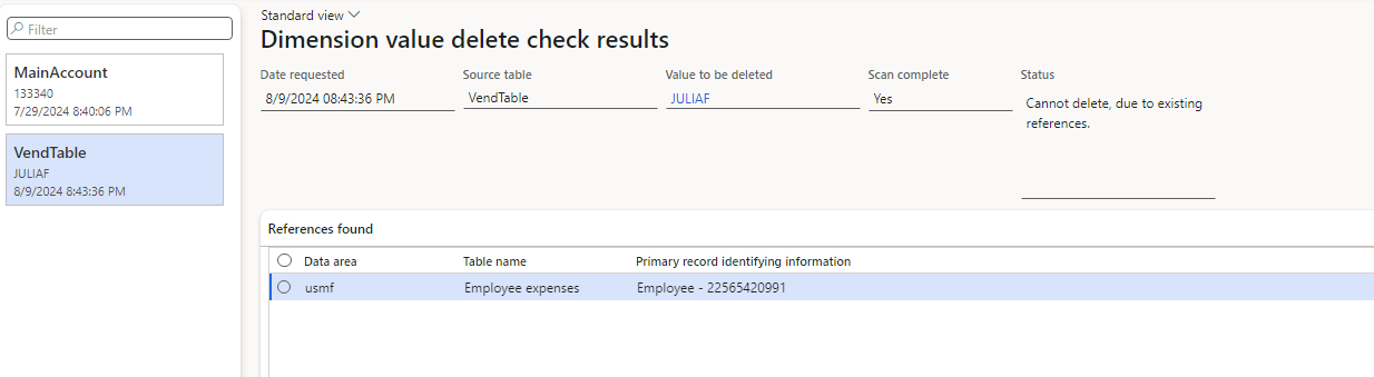 Screenshot of the scan results showing a reference that blocks the deletion.