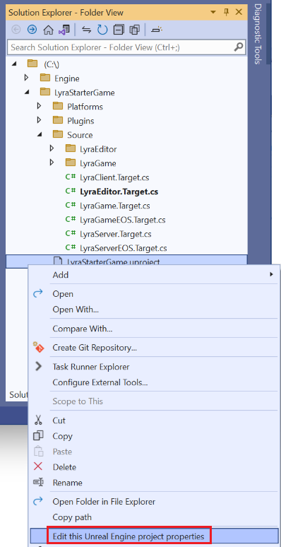 A screenshot of a right click on the LyraStarterGame.uproject solution explorer item.