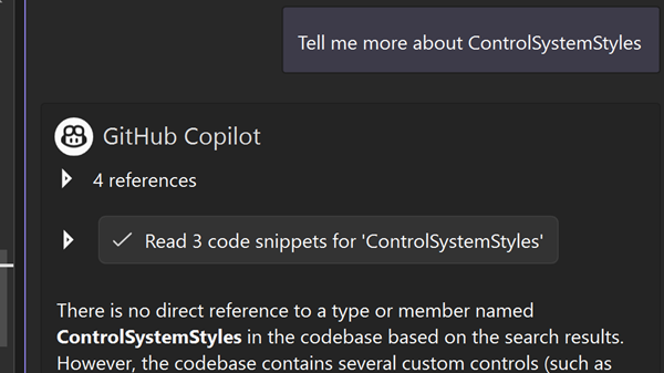 Screenshot showing enhanced semantic code search results with improved relevance and accuracy in Copilot Chat interface