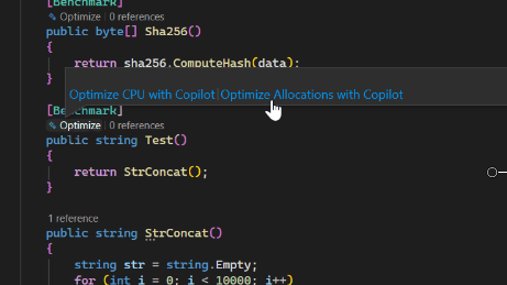 Screenshot showing CodeLens above a benchmark method with the Optimize Allocations with Copilot option highlighted