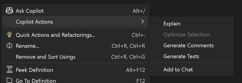 Screenshot of the Visual Studio context menu showing five Copilot actions including Explain, Optimize Selection, Generate Comments, Generate Tests, and Add to Chat