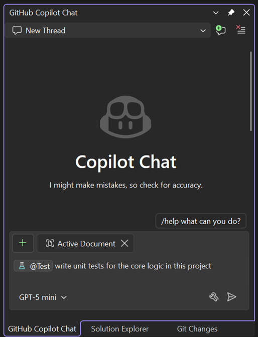 GitHub Copilot Chat interface generating unit tests with Test agent