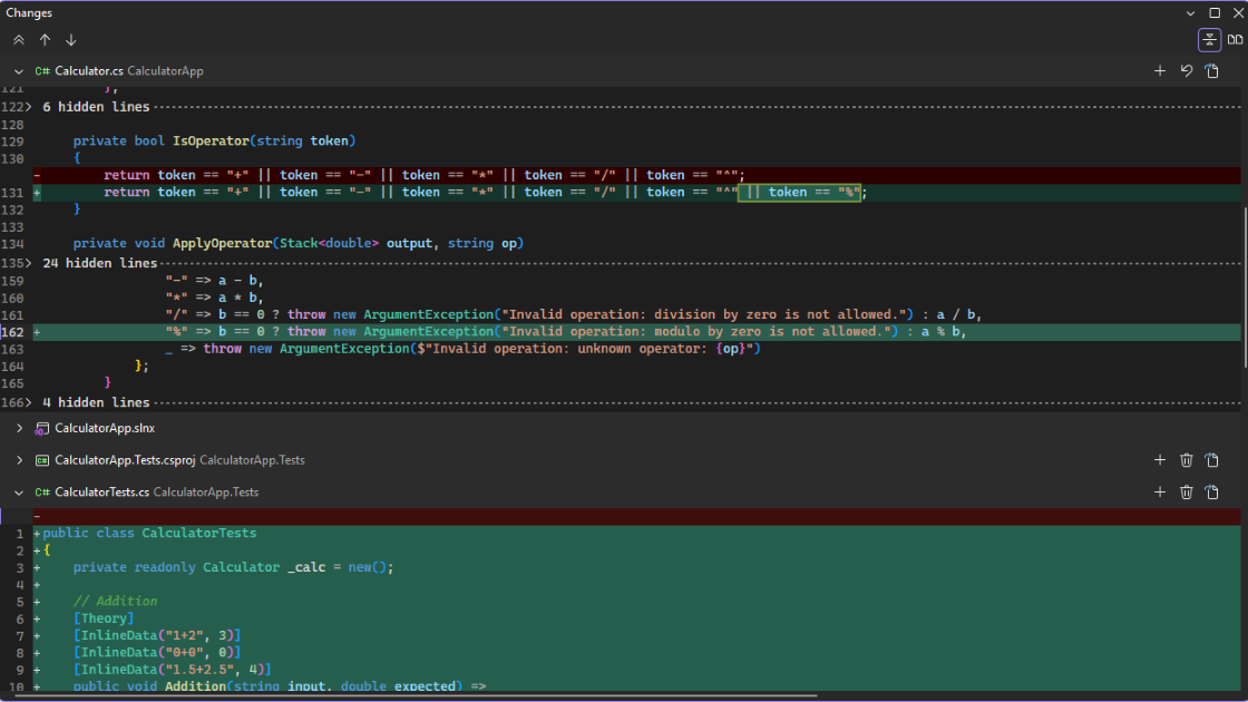 Screenshot showing changed lines from multiple files in a unified summary view.