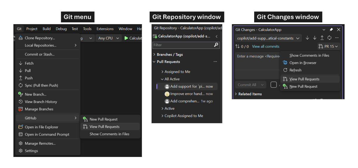 Screenshot showing three pull request entry points in Visual Studio: the Git menu, Git Repository window, and Git Changes window.