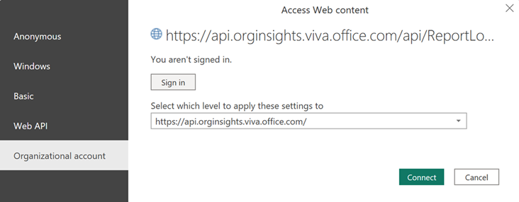 Screenshot that shows signing into Power BI on the Organizational account tab.