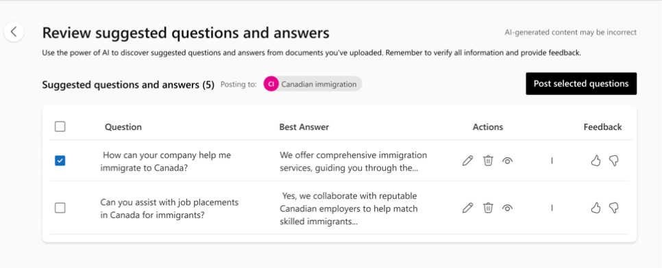 Screenshot that shows the AI generated list of questions and answers that you can edit and import.