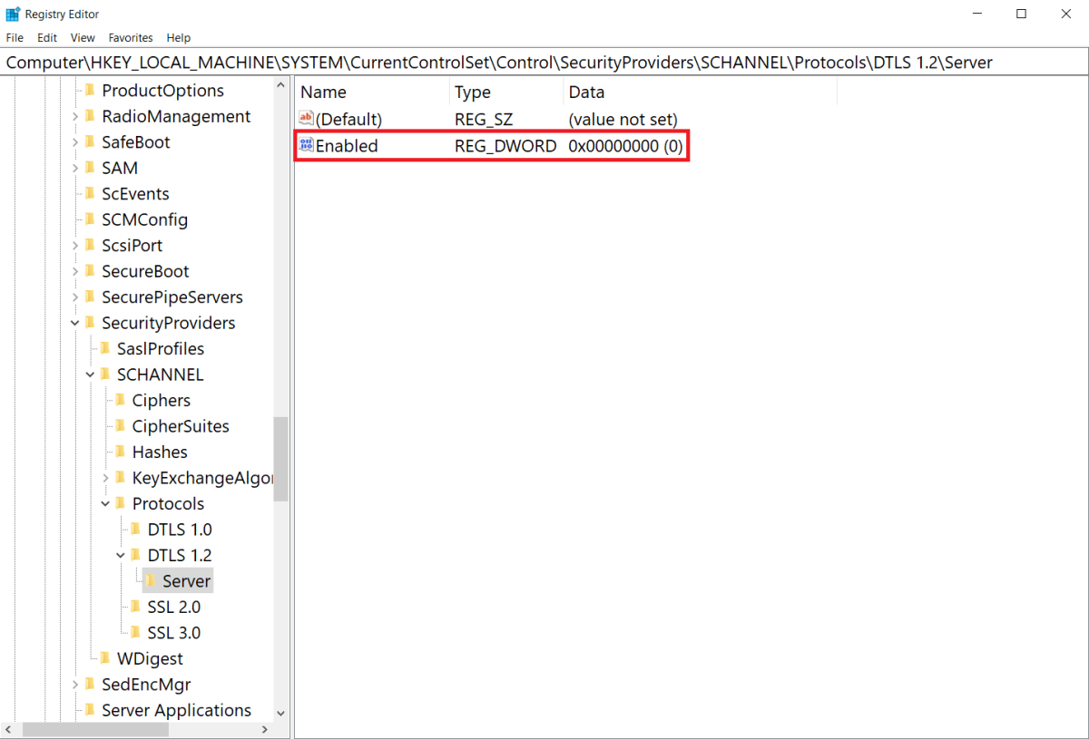 Screenshot of Windows Server registry setting for DTLS 1.2 set to be disabled by default.