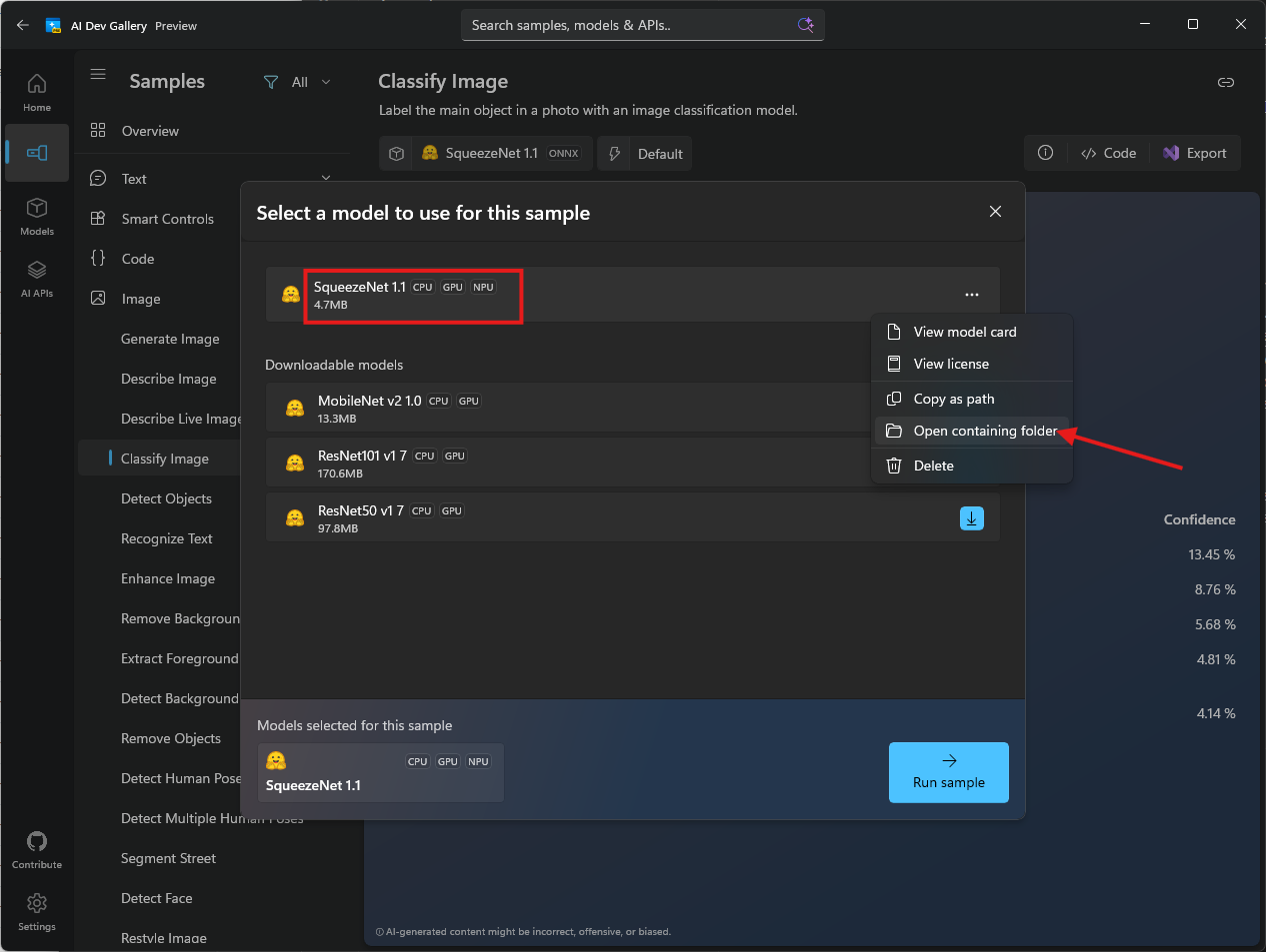 Downloading SqueezeNet from AI Dev Gallery
