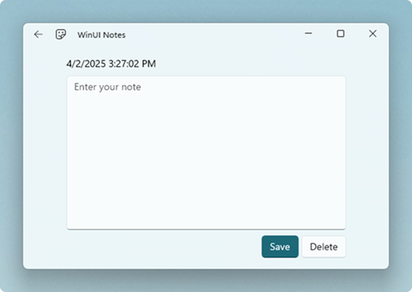 Screenshot of WinUI Notes app showing a blank note page in the NotePage view.