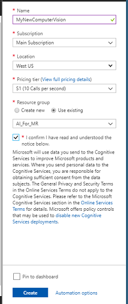 Screenshot of the service creation information.