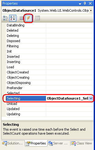 Haga clic en el icono rayo de la ventana Propiedades para enumerar los eventos de un control web.