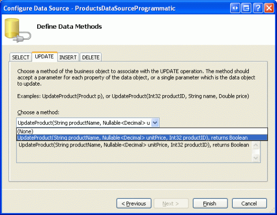Elegir el método UpdateProduct en la pestaña UPDATE s Drop-Down List