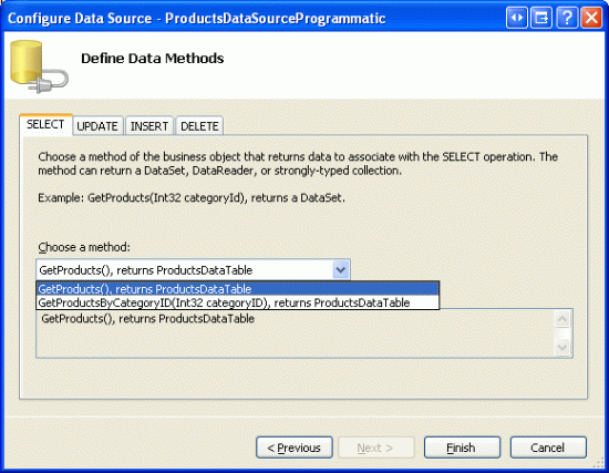 Seleccione el método GetProducts en la pestaña SELECT s Drop-Down List