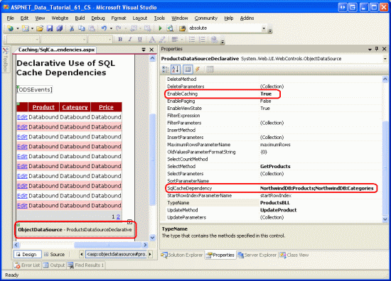Configurar ObjectDataSource para admitir el almacenamiento en caché mediante dependencias de caché de SQL en productos y categorías