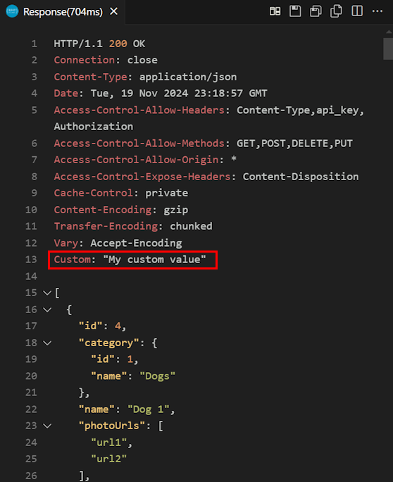 Captura de pantalla de la respuesta de prueba de API en Visual&nbsp;Studio Code