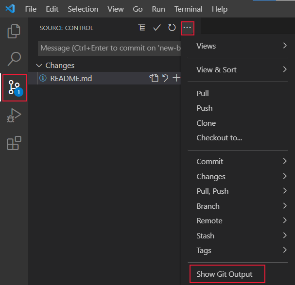 Captura de pantalla del control de código fuente de Visual Studio Code con la selección Mostrar salida de Git resaltada.