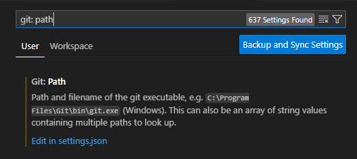 Captura de pantalla de la barra de búsqueda en la configuración de Visual Studio Code para la ruta de acceso de Git.