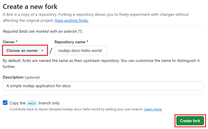 Captura de pantalla de la creación de un fork en GitHub. 