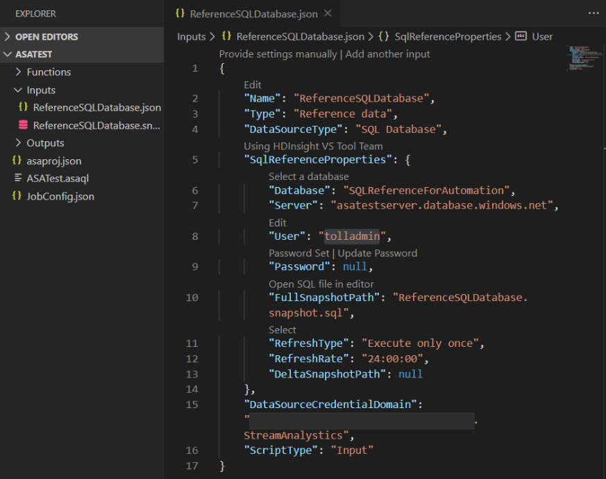 Captura de pantalla de una pestaña de editor de Visual Studio Code que muestra el archivo ReferenceSQLDatabase.json.
