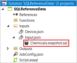 Captura de pantalla de Explorador de soluciones con el archivo SQL CodeBehind Chemicals.snapshot.sql resaltado.