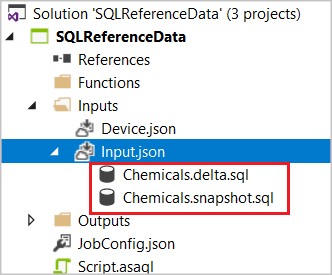 Captura de pantalla de Explorador de soluciones con los archivos SQL CodeBehind Chemicals.delta.sql y Chemicals.snapshot.sql resaltados.