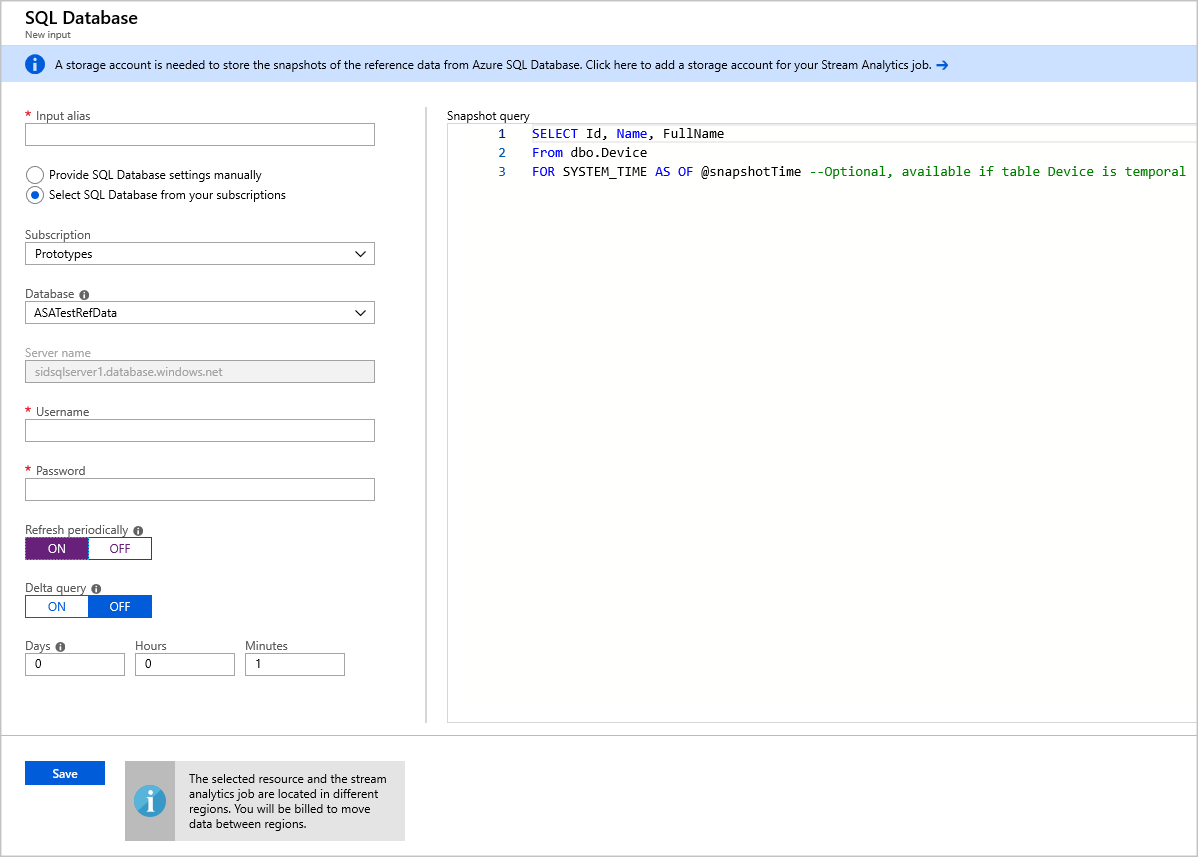 Captura de pantalla de la nueva página de entrada de la base de datos SQL con un formulario de configuración en el panel izquierdo y una consulta de instantánea en el panel derecho.
