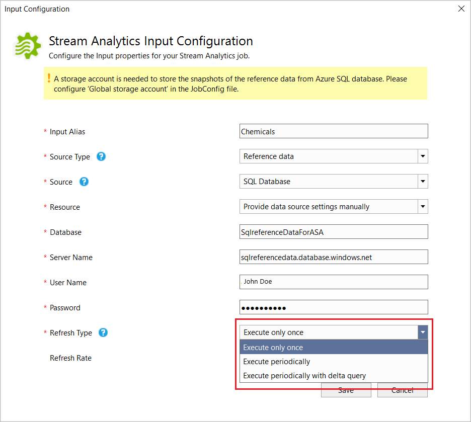 Captura de pantalla de la configuración de entrada de Stream Analytics con valores introducidos o seleccionados de listas desplegables.
