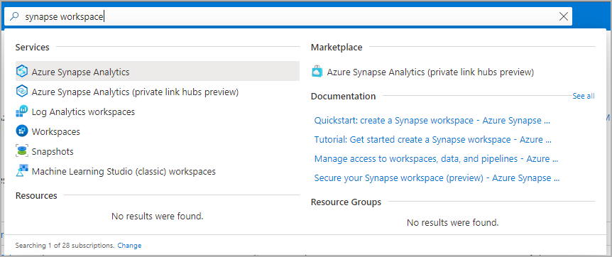 Captura de pantalla de la barra de búsqueda de Azure Portal con áreas de trabajo de Synapse tipadas.