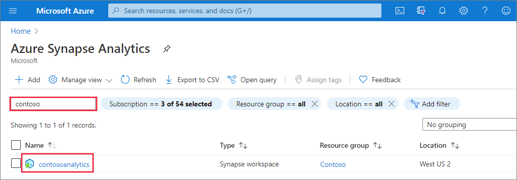 Captura de pantalla de las áreas de trabajo de Synapse filtradas para mostrar las que contienen el nombre Contoso.