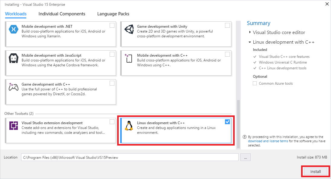 Captura de pantalla en la que se resalta el elemento de trabajo de Visual C++ for Linux Development en Instalador de Visual&nbsp;Studio.
