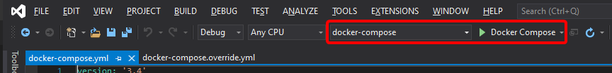 Captura de pantalla de la barra de herramientas de depuración que ejecuta un proyecto de Docker Compose.