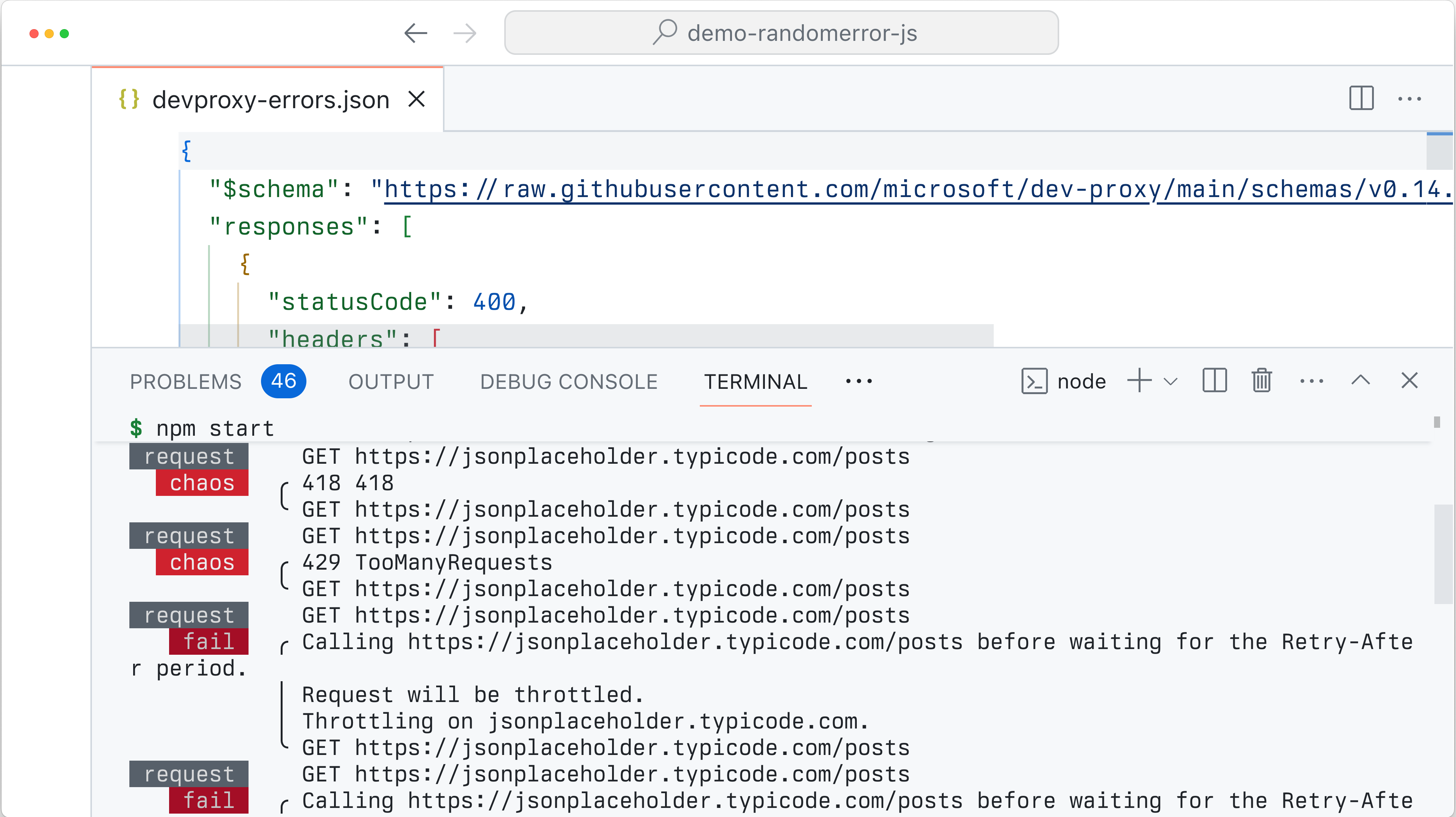 Captura de pantalla de VS Code con la ventana del símbolo del sistema abierta en la que se muestran los errores simulados por el proxy de desarrollo.