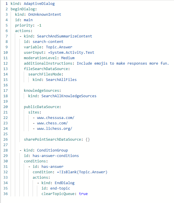 Captura de pantalla de un bloque de código YAML de ejemplo en el editor de código.