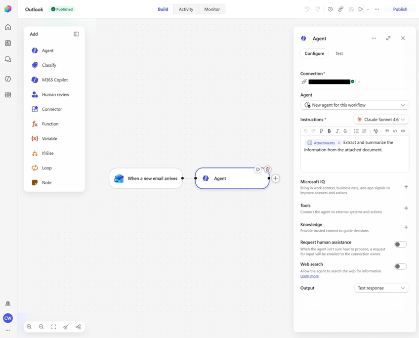 Flujo de trabajo activado por un nuevo correo de Outlook con un nodo Agente configurado para extraer datos de los archivos adjuntos del correo.