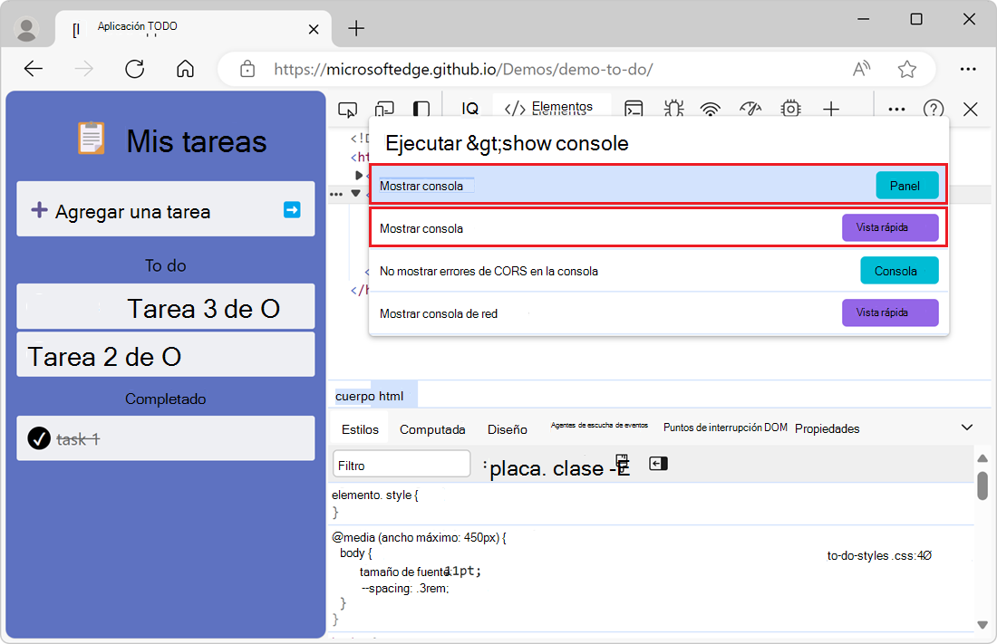 Ejecute el comando para mostrar la herramienta Consola.