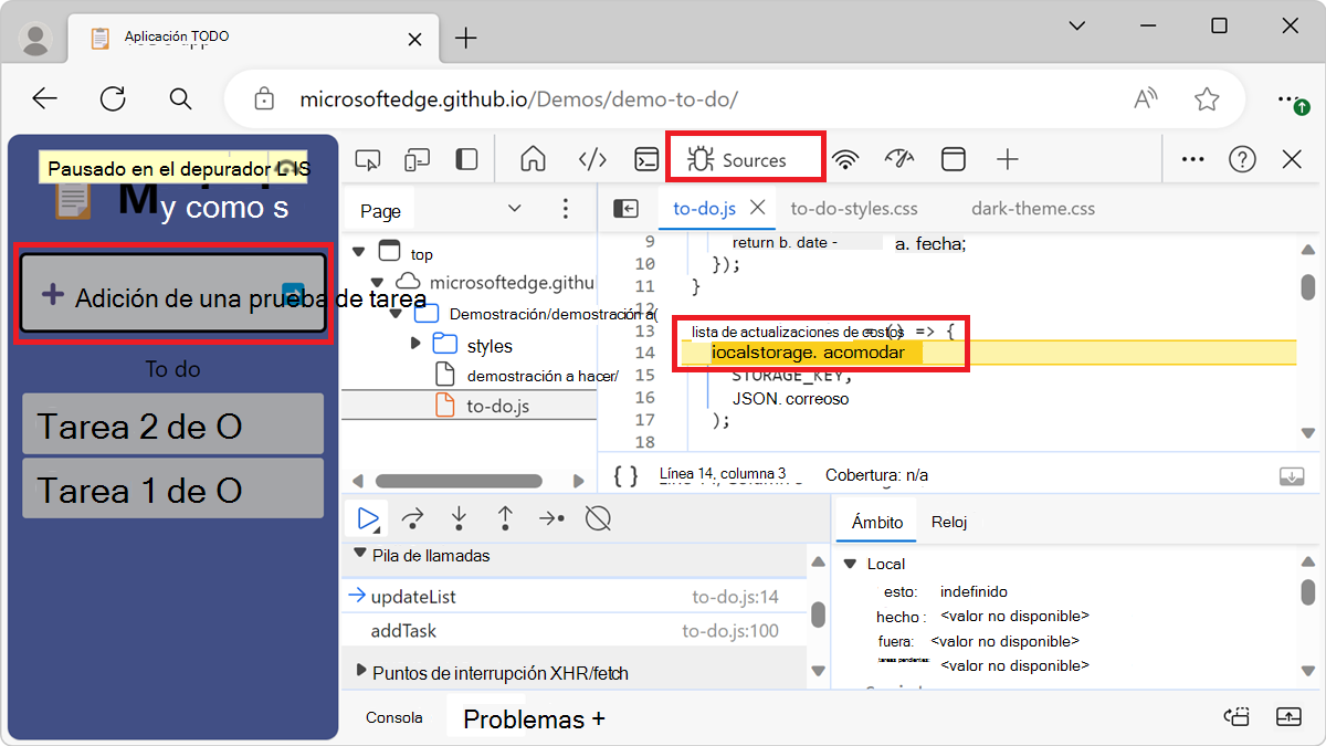 El depurador se detiene dentro de la función updateList()