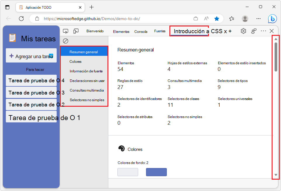 Aplicación de demostración TODO a la izquierda, informe de información general de CSS de DevTools a la derecha con una lista de secciones y barra de desplazamiento en la que se puede hacer clic.